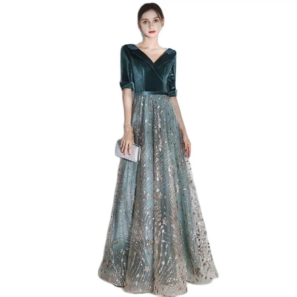 

Женское вечернее платье с V-образным вырезом, длинное винтажное бархатное платье до пола из тюля, для свадьбы, вечеринки, выпускного вечера