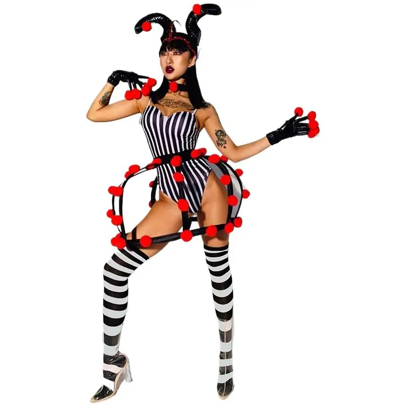 

Circus Clown Party Show Dance Costume Black White Striped Bodysuit Ox horn Headdress Stage Outfit DJ Singer Nightclub Clothes