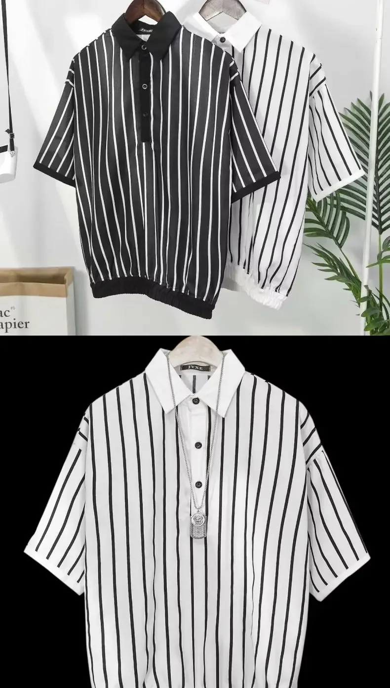 Men's Clothing White Stripe Polo T Shirt Button Down Collar Slim Fit Quick Dry Casual Comfortable Stylish Top for Young Men 10 S16ce81d4f65a44bead787d5285ded368a