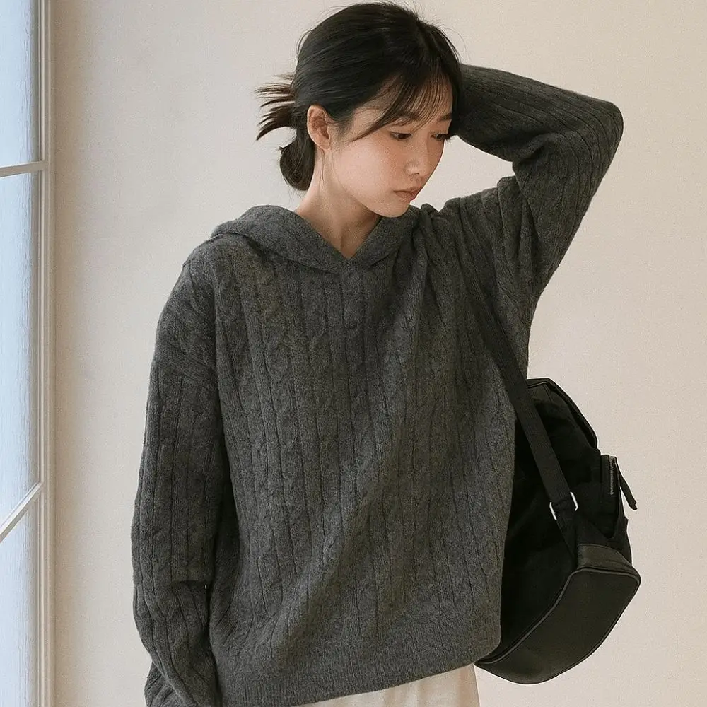 Spring Autumn Long Sleeve Knitted Hoodies Pullover Casual Hooded Sweatshirts Loose Simple Hooded Knitted Sweater School Student