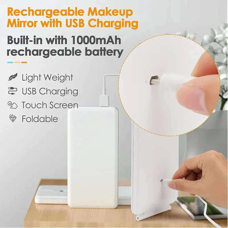 Portable Foldable Travel Makeup Mirror Led Light Infinite Dimming Bedroom Vanity Mirror Usb Rechargeable Make Up Tools