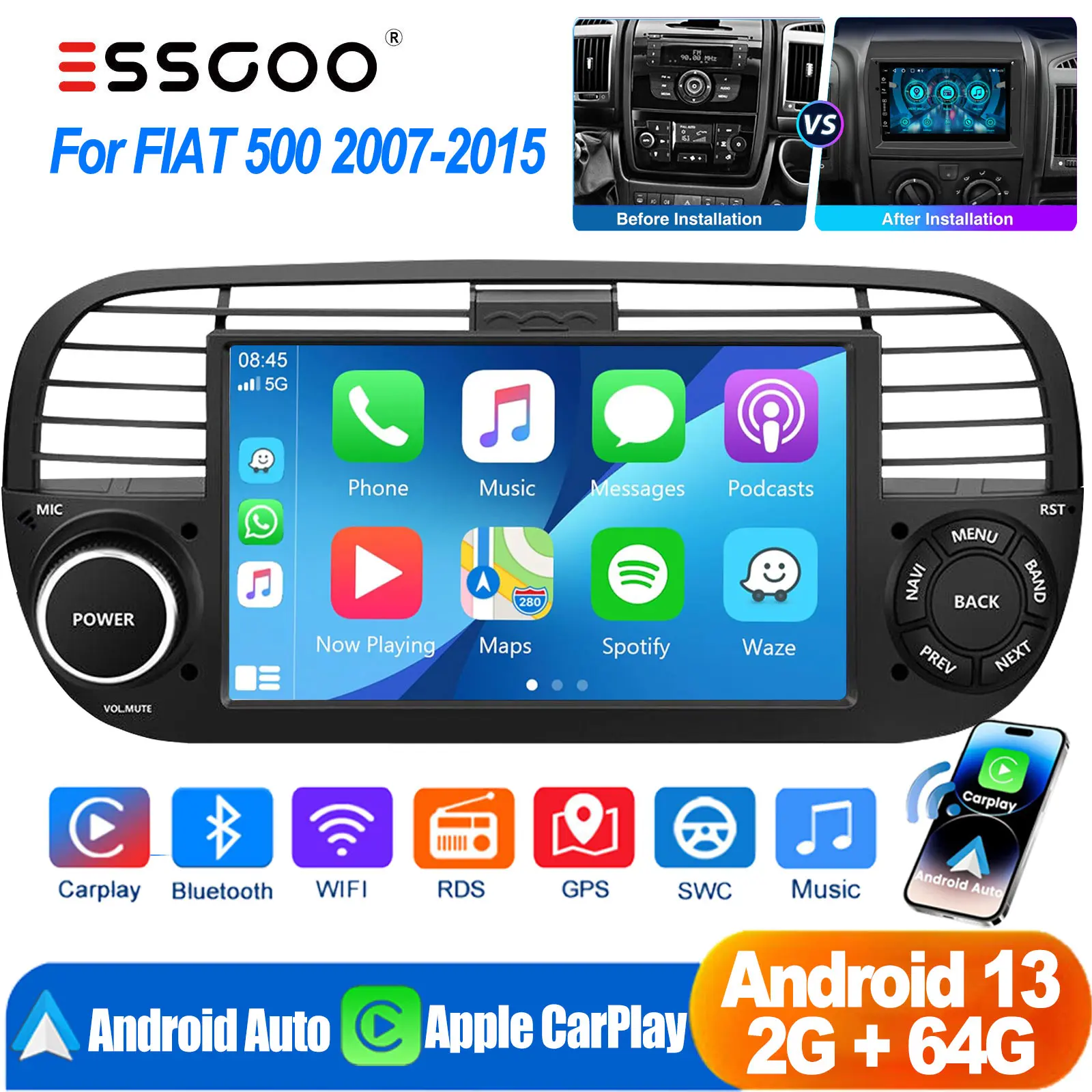 ESSGOO 7" Android 13 2+64G Carplay Android Auto Car Stereo Radio Multimedia Player GPS NAV WIFI FM RDS BT For Fiat