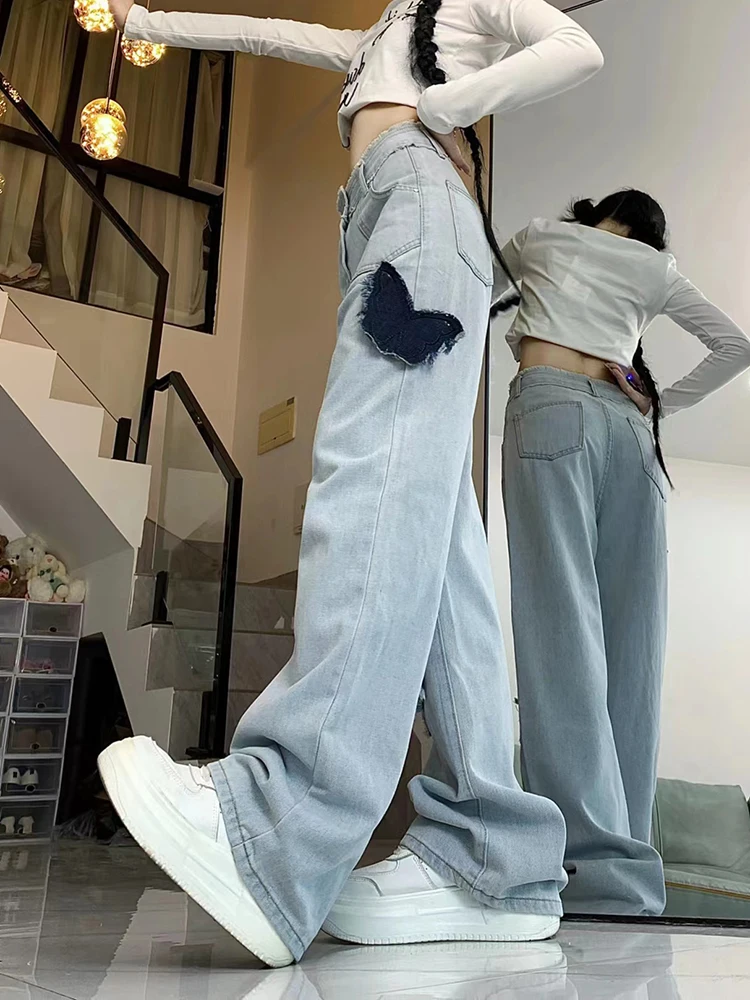 Light Blue Jeans Butterfly Applique Embroidery High Waist Straight Pants Loose Ripped Wide Leg Denim Pants Women Pocket Trousers