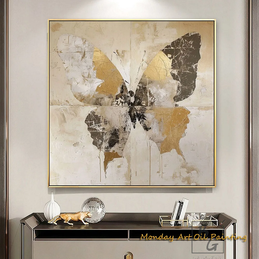 

Картина ручной работы, оригинальная картина маслом бабочки, Золотая абстрактная коричневая Абстрактная Картина на холсте для гостиной, настенное искусство