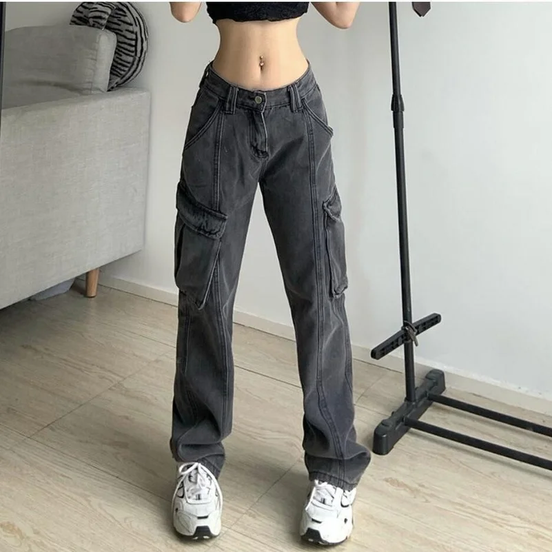 

New Vintage Baggy Jeans Women Streetwear Pockets Wide Leg Cargo Pants Low Waist Straight Denim Trousers