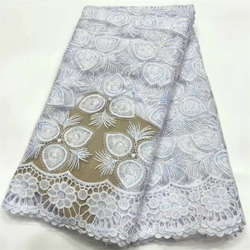 

French African Sequins Guipure Lace Fabric Embroidered White Bridal Lace Fabric Guipure Cord Lace Fabric For Party Dresses HD756