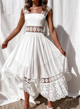 Women's Dress White Hollow Out Cotton Sundress Lace Sleeveless Long Splicing Summer Party Elegant Evening Woman Skirt Clothing 1