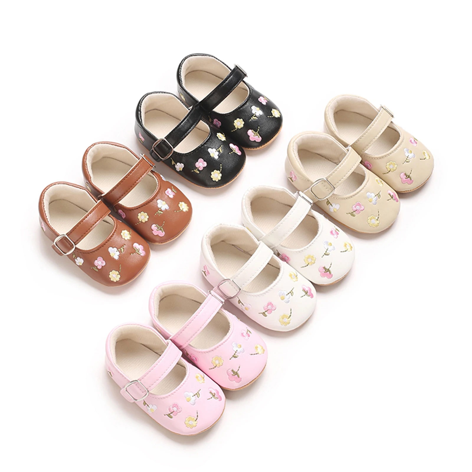 FOCUSNORM 0-18M Lovely Baby Girls Mary Jane Flats Shoes Flower Embroidered Non-Slip Newborn Crib Shoes