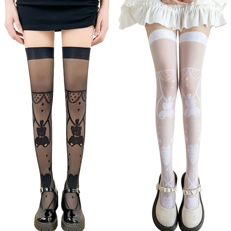 

Women Over The Knee Long Socks Girls Jacquard Bear Socks Students Black White