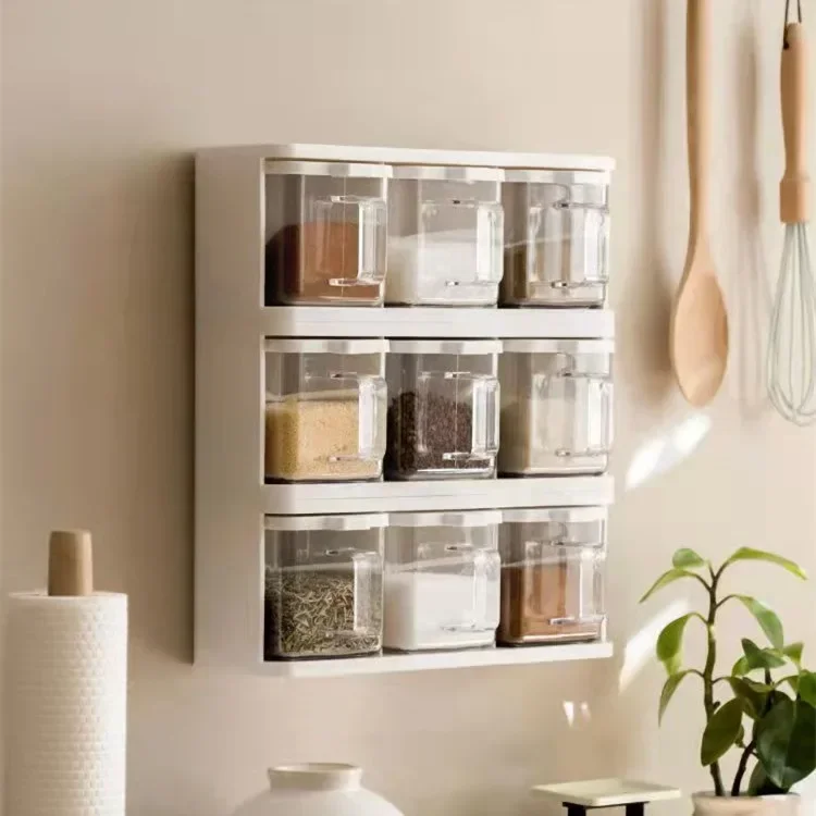 

Wall-Hung Kitchen Seasoning Box Punch-Free Seasoning Rack Salt Sugar Jar Monosodium Glutamate Seasoning Box Set Seasoning Storag