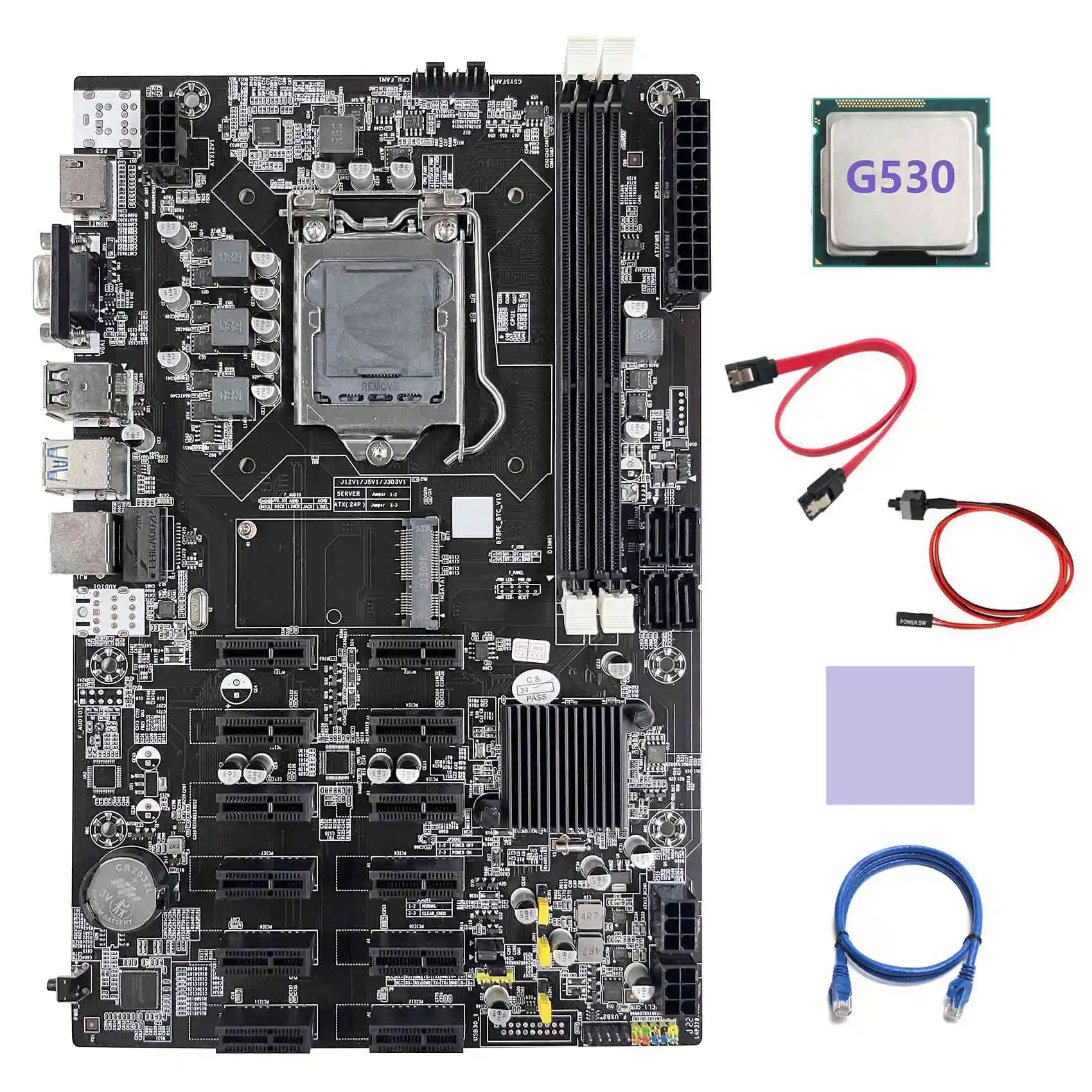 

B75 12 PCIE ETH Mining Motherboard LGA1155 Motherboard+G530 CPU+SATA Cable+RJ45 Network Cable+Switch Cable+Thermal Pad