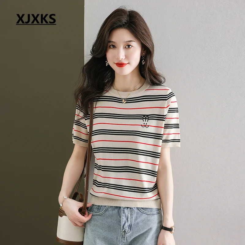 

XJXKS 2023 Summer New Round Neck Short Sleeve Tops Ladies Shirts Casual Linen Knitted Thin Section Women's T-shirt