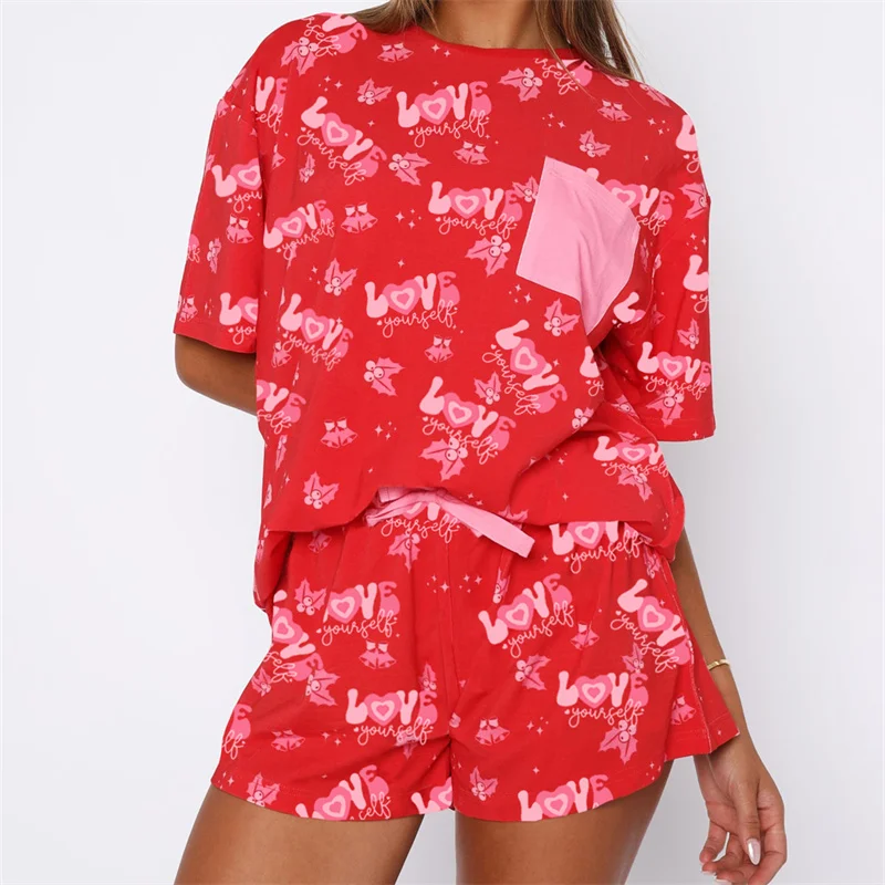 

Женский пижамный комплект на День святого Валентина Y2k, свитшот с круглым вырезом и коротким рукавом и шорты с принтом Love, домашняя одежда