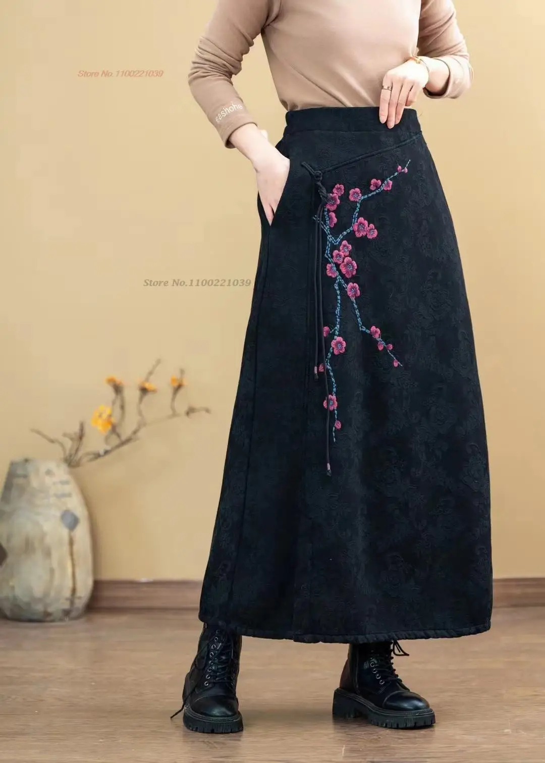 

2024 chinese vintage skirt national flower embroidered cotton linen jacquard skirt oriental folk a-line fleece lined skirt