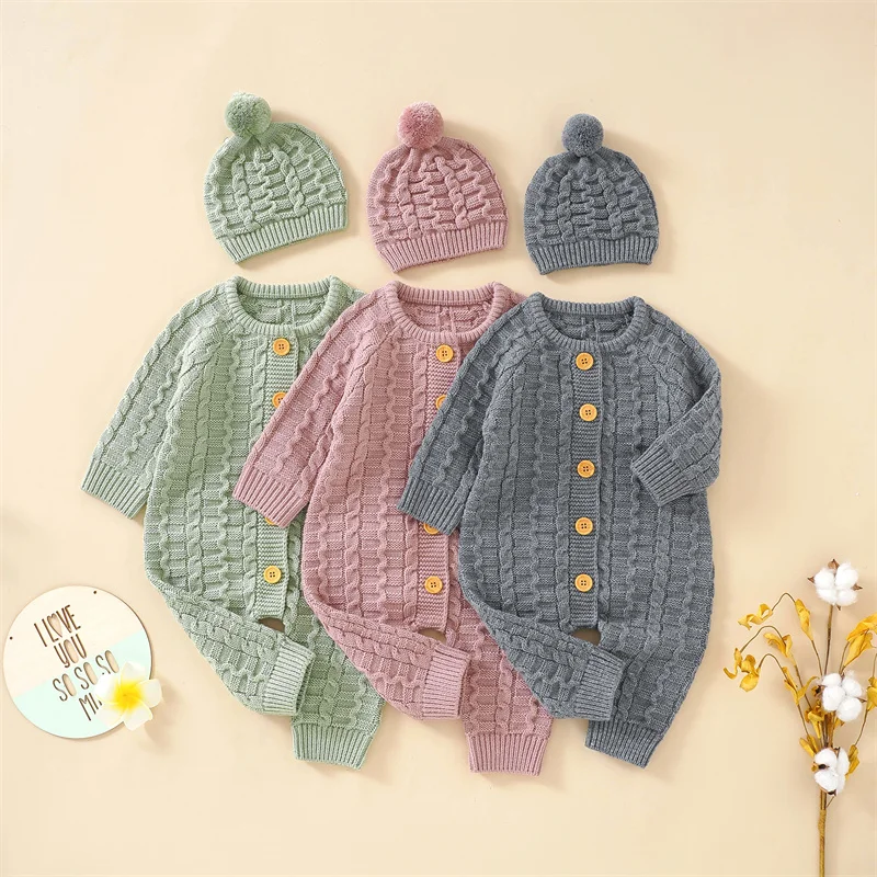 

Newborn Knitted Rompers Sets Casual Fashion Winter Clothes Infant Baby Boys Girls Print Long Sleeve Buttons Jumpsuits with Hat
