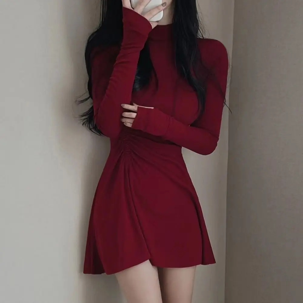 Long Sleeved Christmas Red Dress Short Skirt Pleated Girls Irregular Dress Half High Collar A-line Slim Thin Dress Streetwear