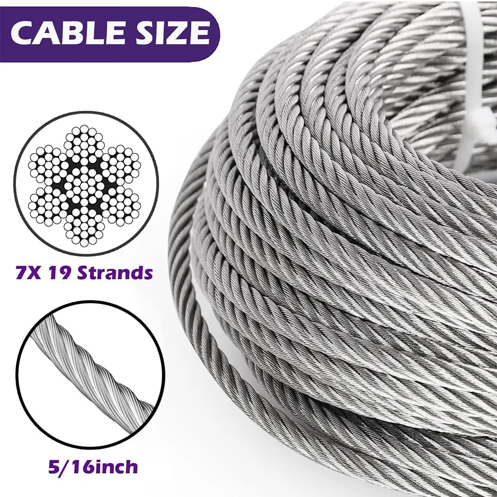 Steel Cable 150ft, 7x19 Strand Wire Rope Cable, 9000 lbs Break Strength, Steel Cables with Loops, Wire Rope Clamps, Thimble for