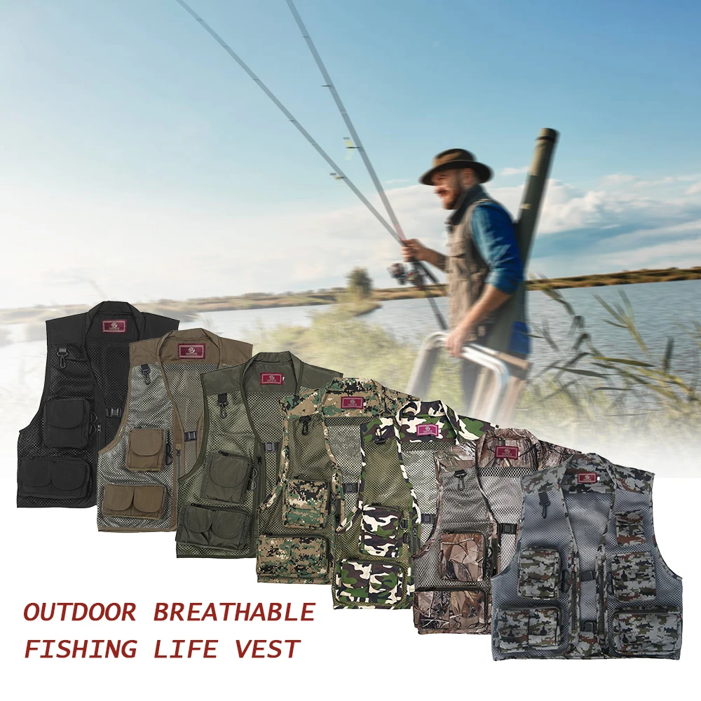 Mens Multi-Pockets Mesh Vest Fly Fishing Photography Hunting Quick-Dry Camo 