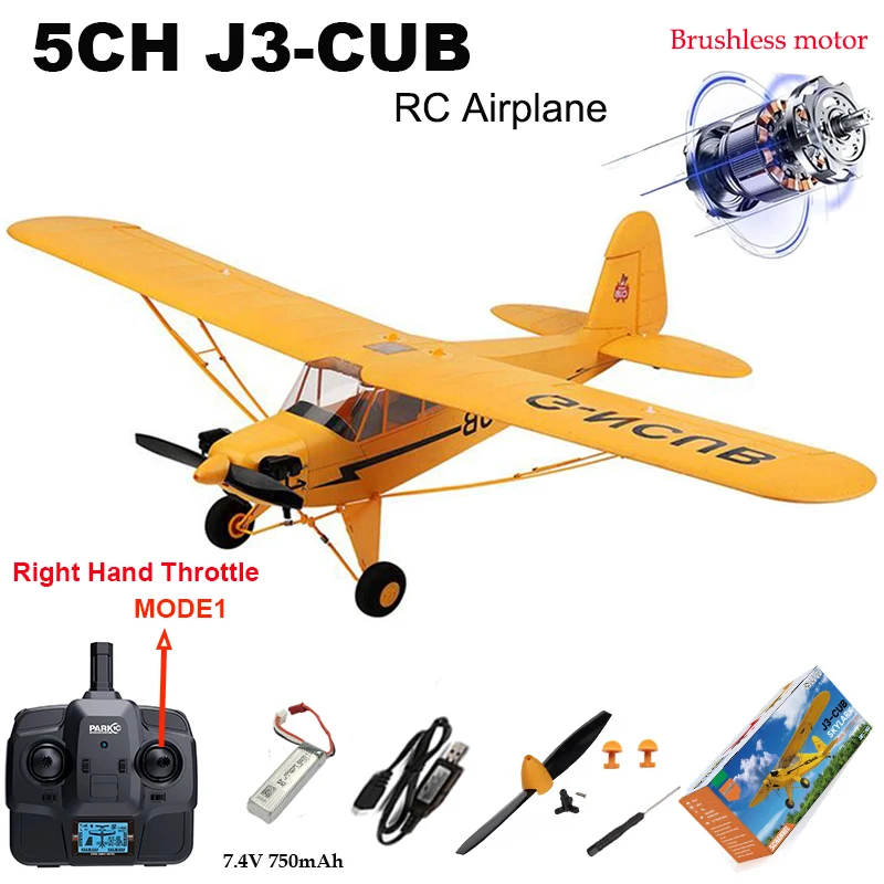 New J3-CUB RC Airplane 5CH 2.4G Remote Control Mode1 (Right Hand Throttle) 3D/6G 1406 Brushless Motor Outdoor Foam Fiexd_voghion.com