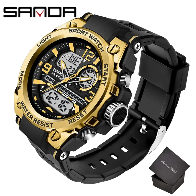 2022 SANDA Quartz 5ATM Waterproof Men Clock Sport Dual Display Electronic Watch Top Brand Military Men's Watch Relogio Masculino 