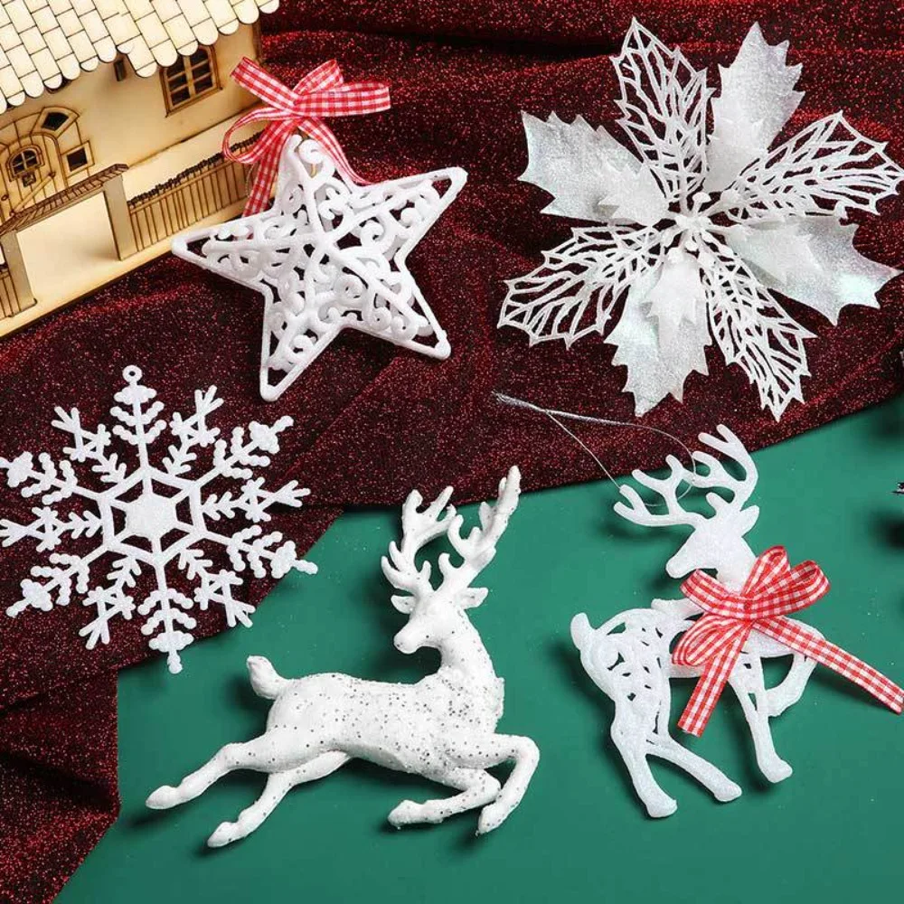 5Pcs Deer Christmas Snowflake Flakes New White Bling Window Ornaments Plastic Merry Christmas Tree Decor Party Supply