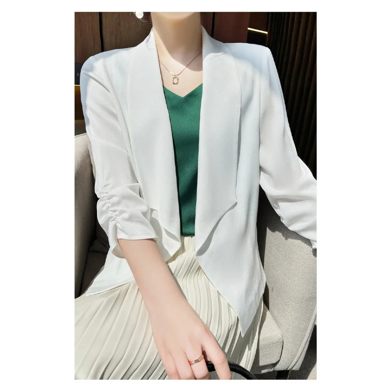 

Satin Suits Jackets Women Blazers Blouses Summer Shirts Thin Casual Design Solid Three Quarter Sleeve Cardigan Coats Clothing