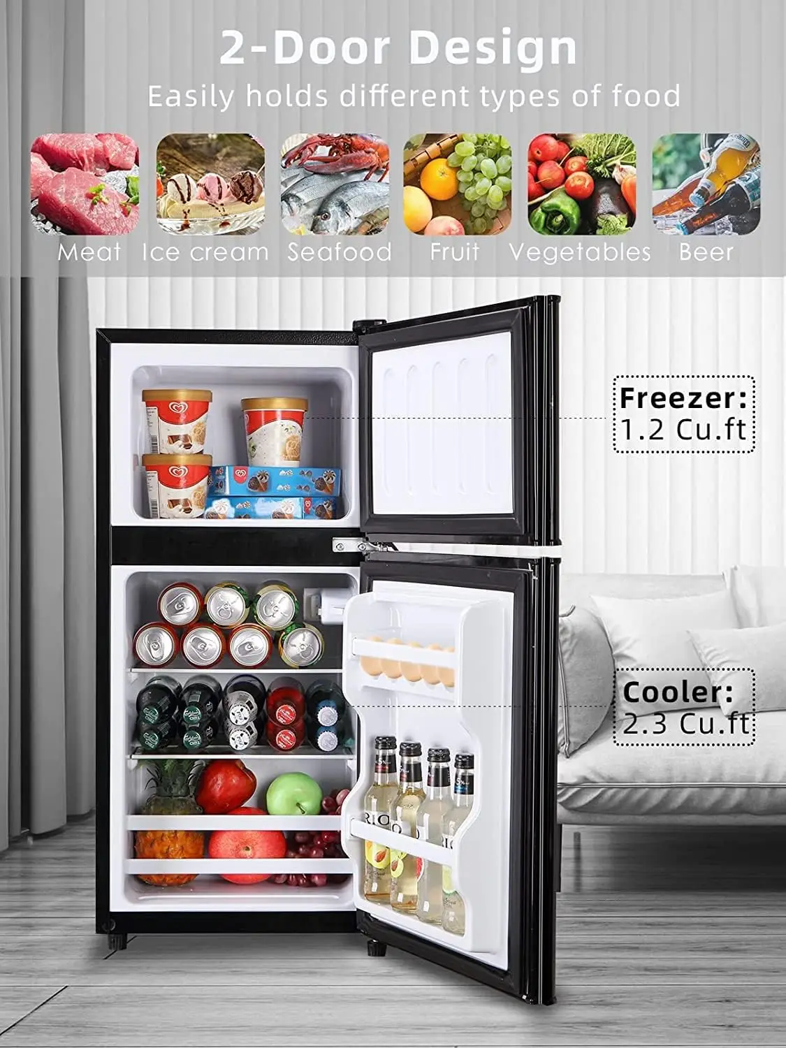 KRIB BLING Refrigerator with Freezer 3.2 Cu.Ft with 7 Level Adjustable Thermostat Control 2 Door Energy Saving Compact 3
