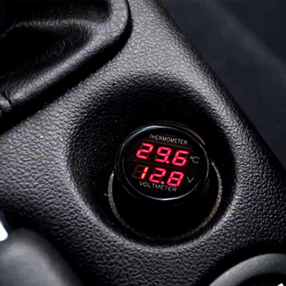 Universal Dual USB Car Charger with Digital Voltmeter & Thermometer - 2-in-1 Battery Monitor