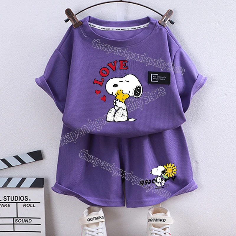 thumbnail image 1 of Camiseta de Snoopy para niño y niña, conjunto de 2 piezas, pantalones cortos, Tops de dibujos animados, chándales deportivos, trajes, regalo de cumpleaños, 1 of 5