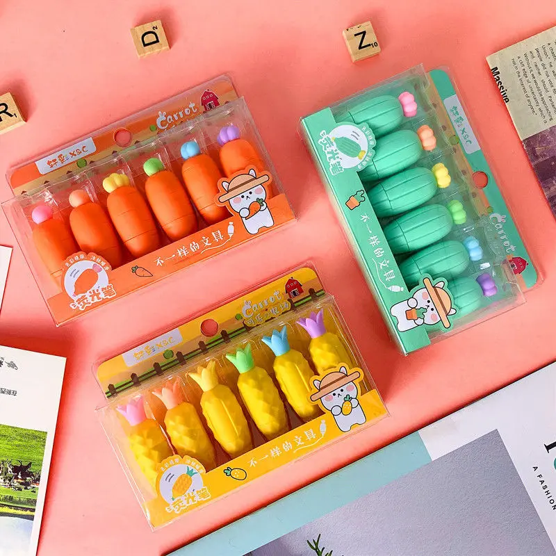 Cute cartoon vegetables carrot fruit six-color highlighters set children's mini kawaii art marker student office stationery