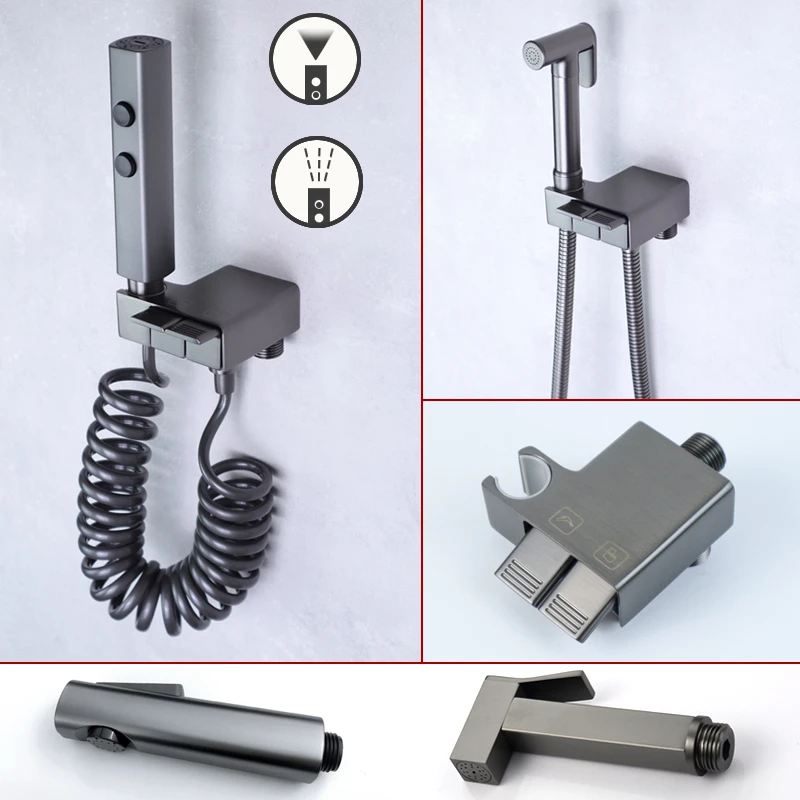 Bathroom Bidet Sprayer Metal Grey Square Toilet Double Functions Solid