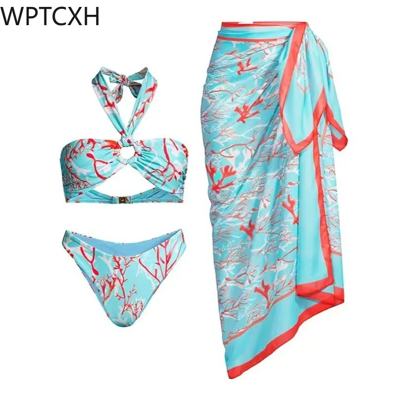 Sea Shell Pattern sexy three piece swimsuit set Bikini Cover up skirt