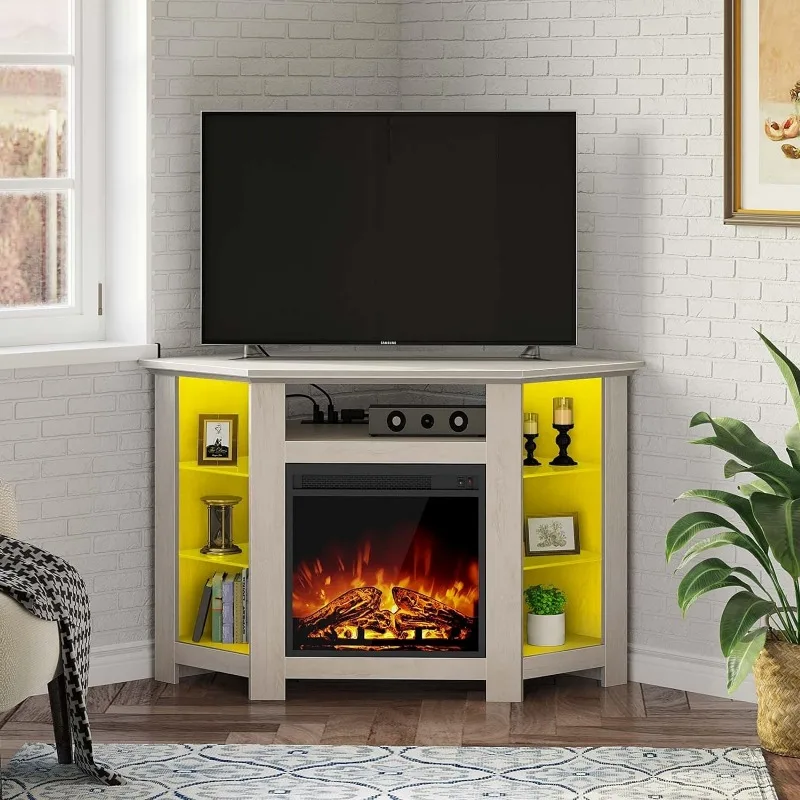 

Fireplace Corner TV Stand for 43" 50" 55", 47 Inch TV Stand with Power Outlets and LED Lights, Modern TV Console
