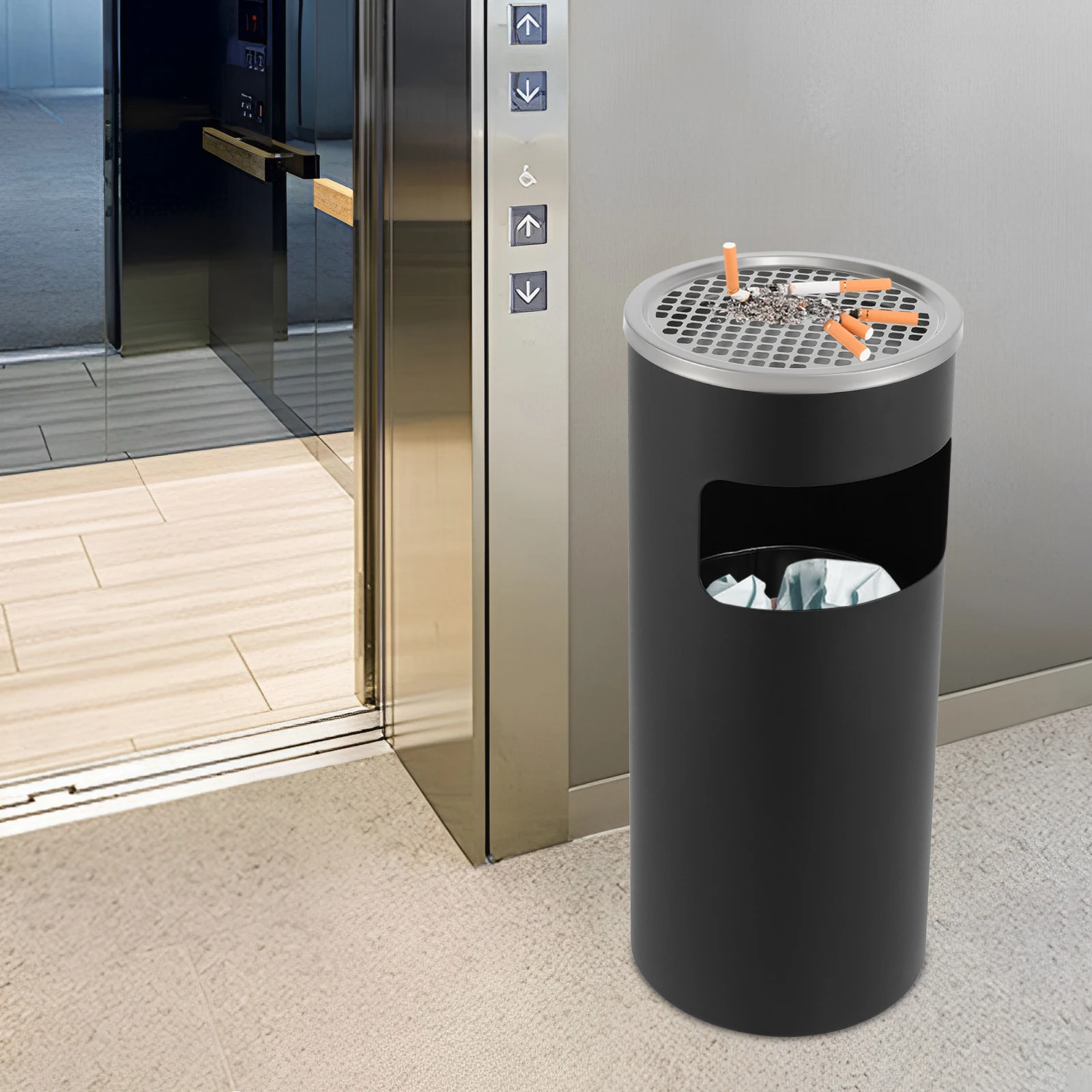 Stainless Steel Outdoor Trash Can With Lid & Removable Ashtray - 27L Capacity, Commercial Garbage Bin For Office, Restaurant, Garden