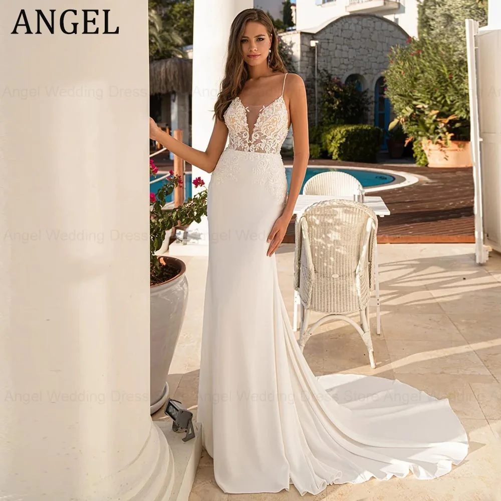 

ANGEL Luxury Lace Appliques Spaghetti Straps Sleeveless Mermaid Wedding Dress For Bride Backless Satin Train Vestido De Novia