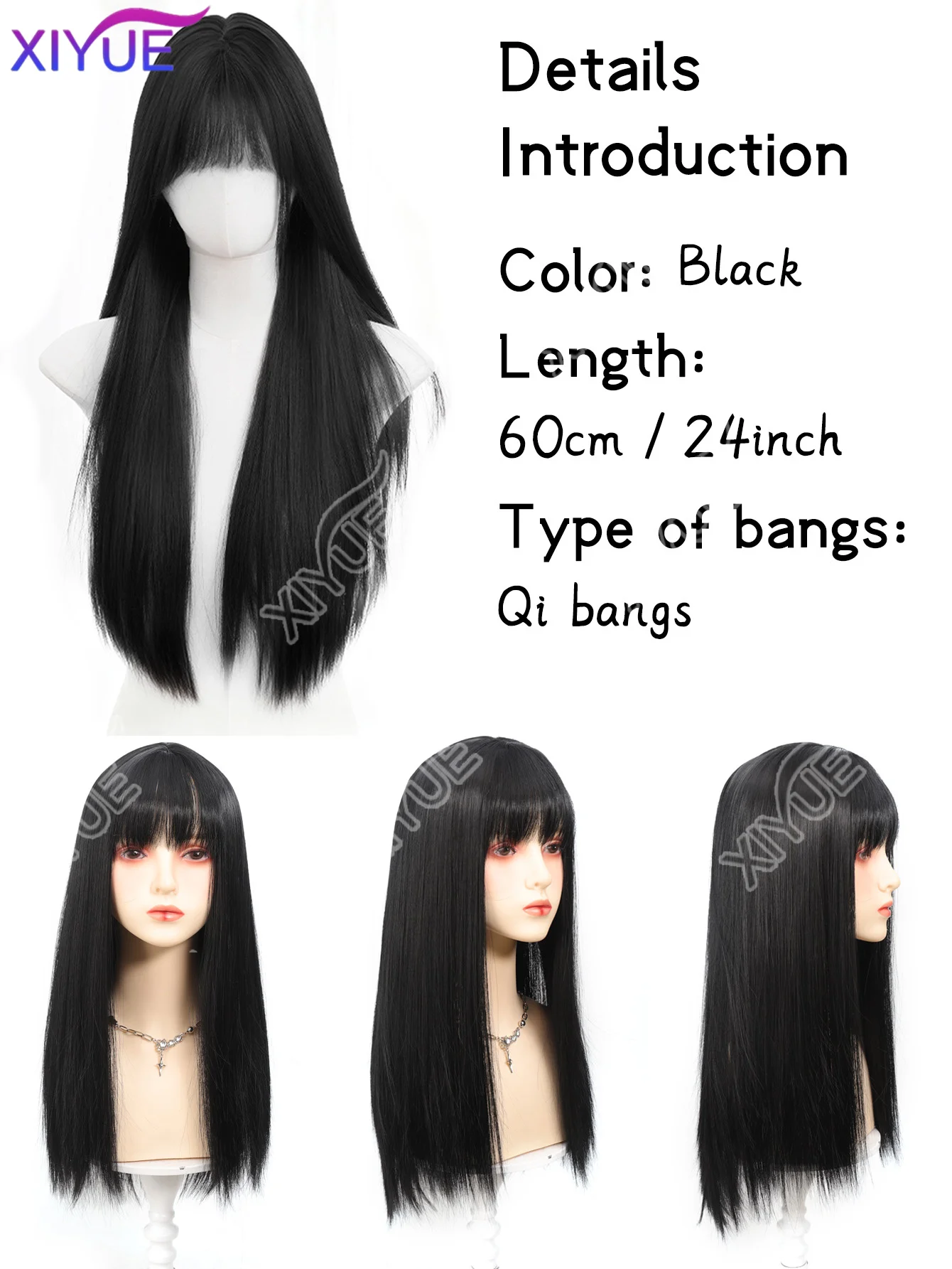 XY 24 Inch Long Straight Black Synthetic Wig with Bangs Heat Resistant Fluffy Wig for Women, Great for Daily and Halloween Party