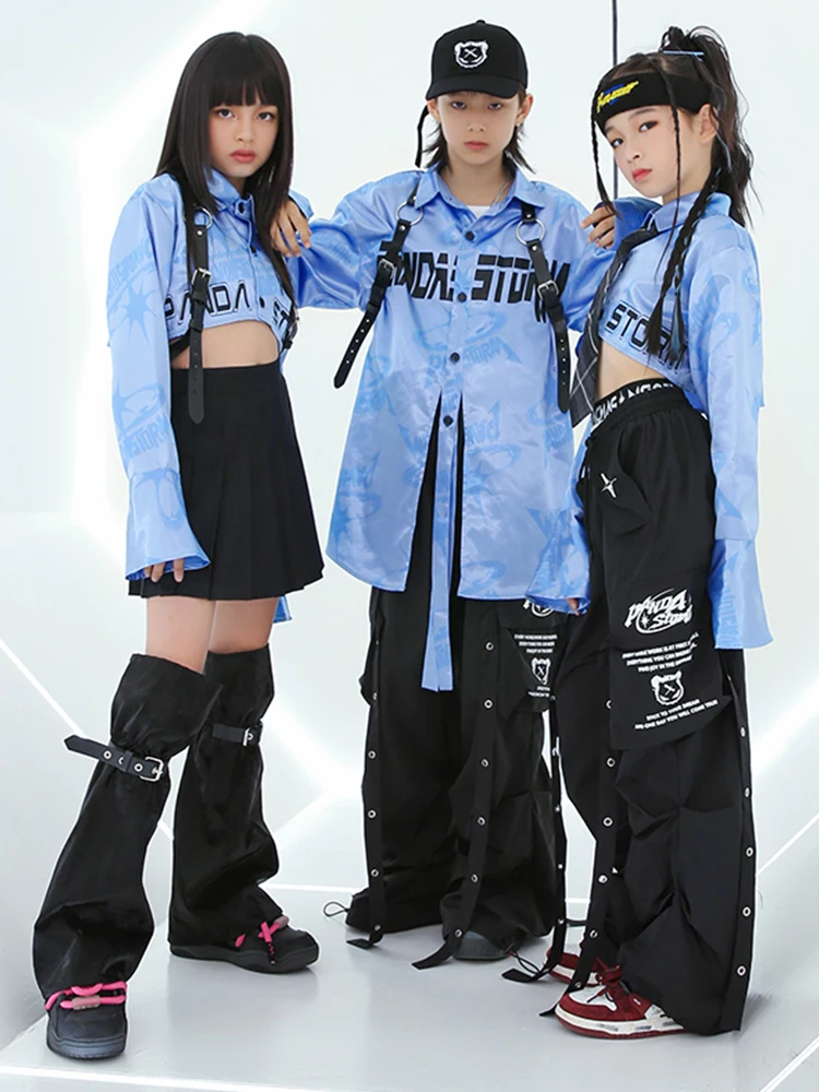 New Kids Jazz Dance Costume Girls Boys Blue Shirts Pants Hiphop Performance Clothes Drum Concert Stage Outfit Streetwear BL11799