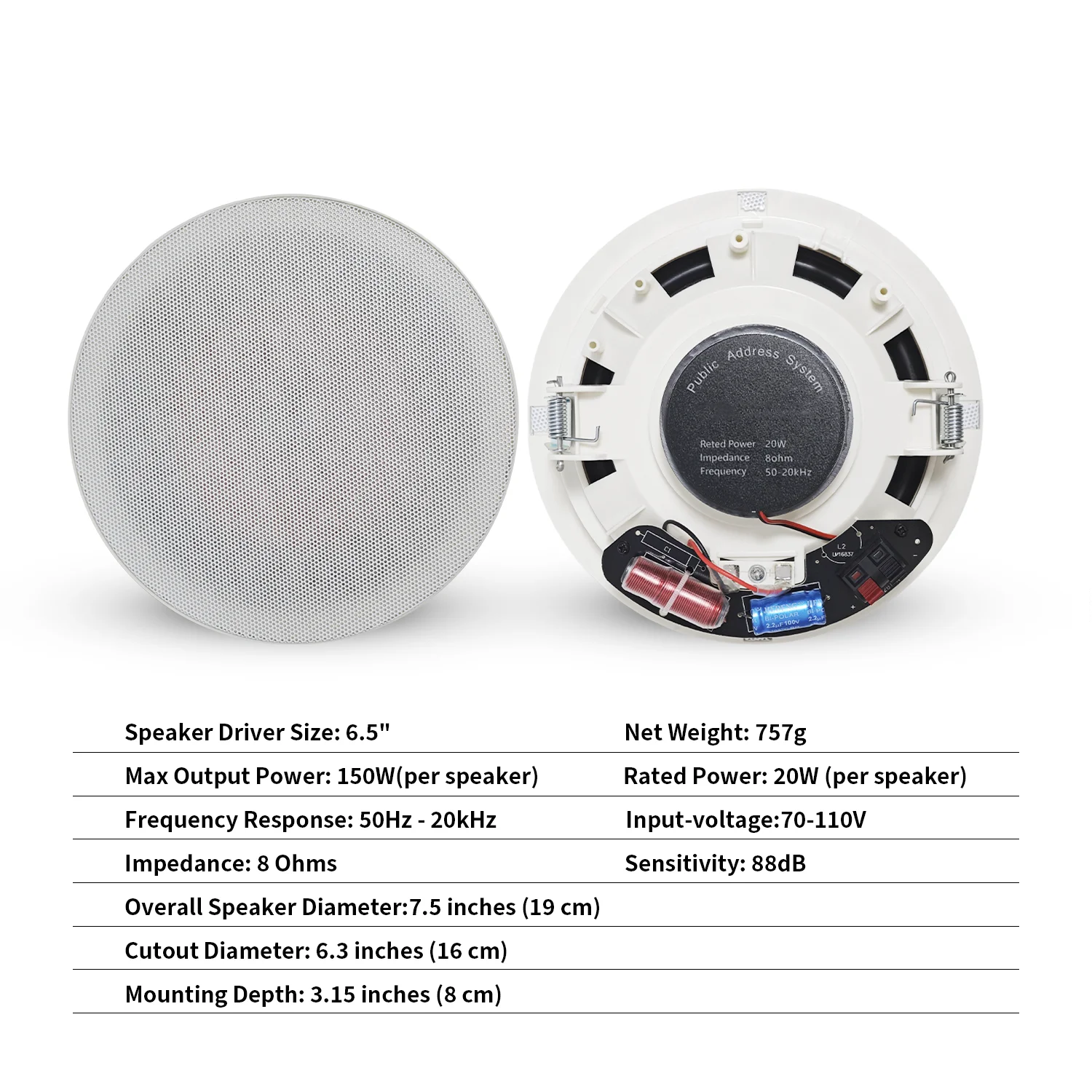 2PCS 6.5'' 천장 블루투스 스피커 300W 2웨이 플러시 마운트 스피커 시스템(실내 욕실용 앰프 수신기 포함)
