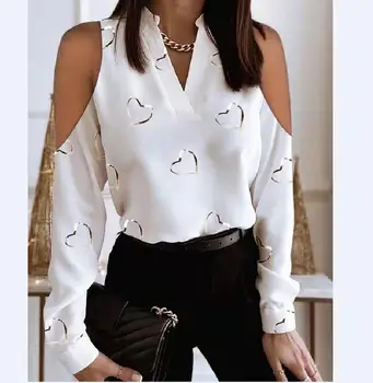 V Neck Chic New Elegant Hollow Out Tee Shirts Commute Lady Office Blouse Sexy Long Sleeve Pattern Printed Women Shirts Tops 1