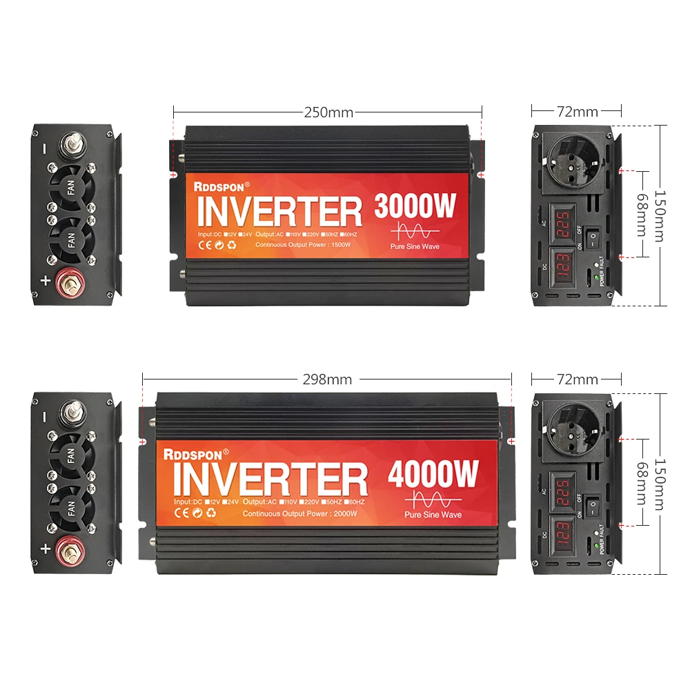 RDDSPON 순수 사인파 인버터 4000W 3000W DC 12V 24V 48V 60V에서 AC 220V 50Hz 60Hz 전력 변환기 태양광 자동차 인버터 변환기