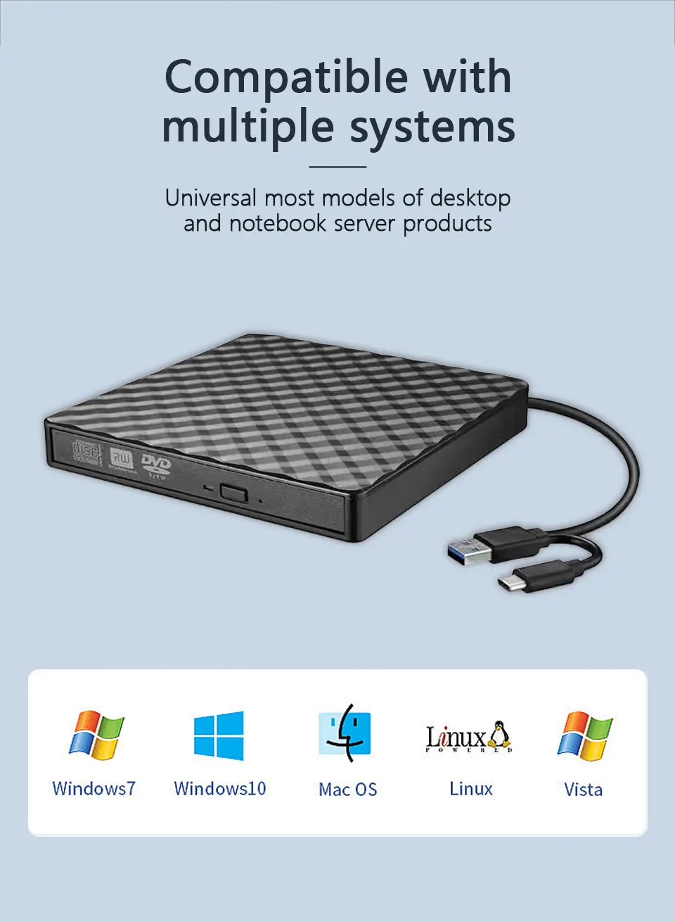 Description Picture 5 of item2 in 1 USB3.0 Type C Slim External DVD RW CD Writer Drive Burner Reader Player Optical Drives For Laptop PC Portable DVD Burner