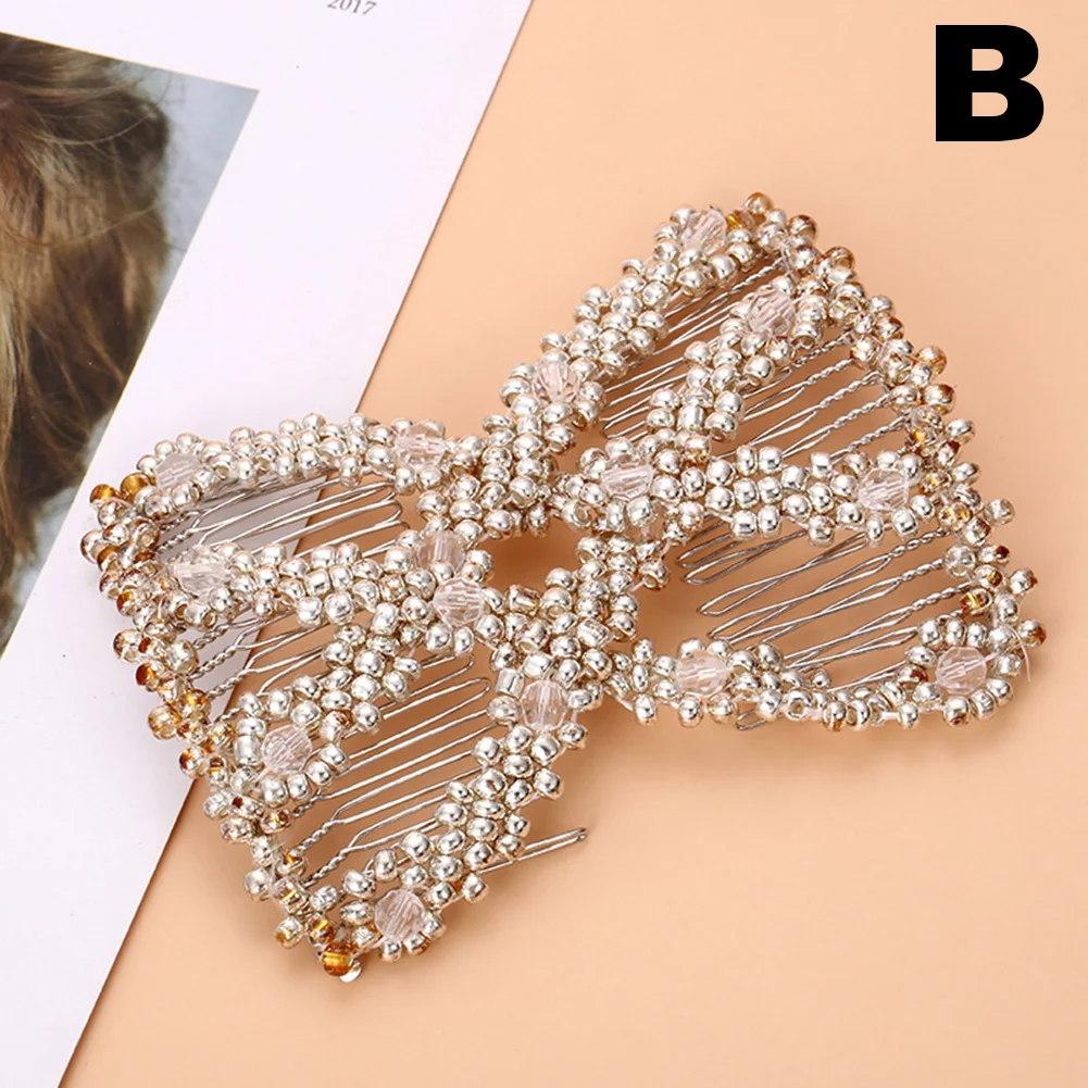 Women Hair Hairpin Magic Twist Rhombus Beads Hair Side Combs Pearl Stretchy Beaded Hairpin Bow Double Stretching Hairstyle Clip