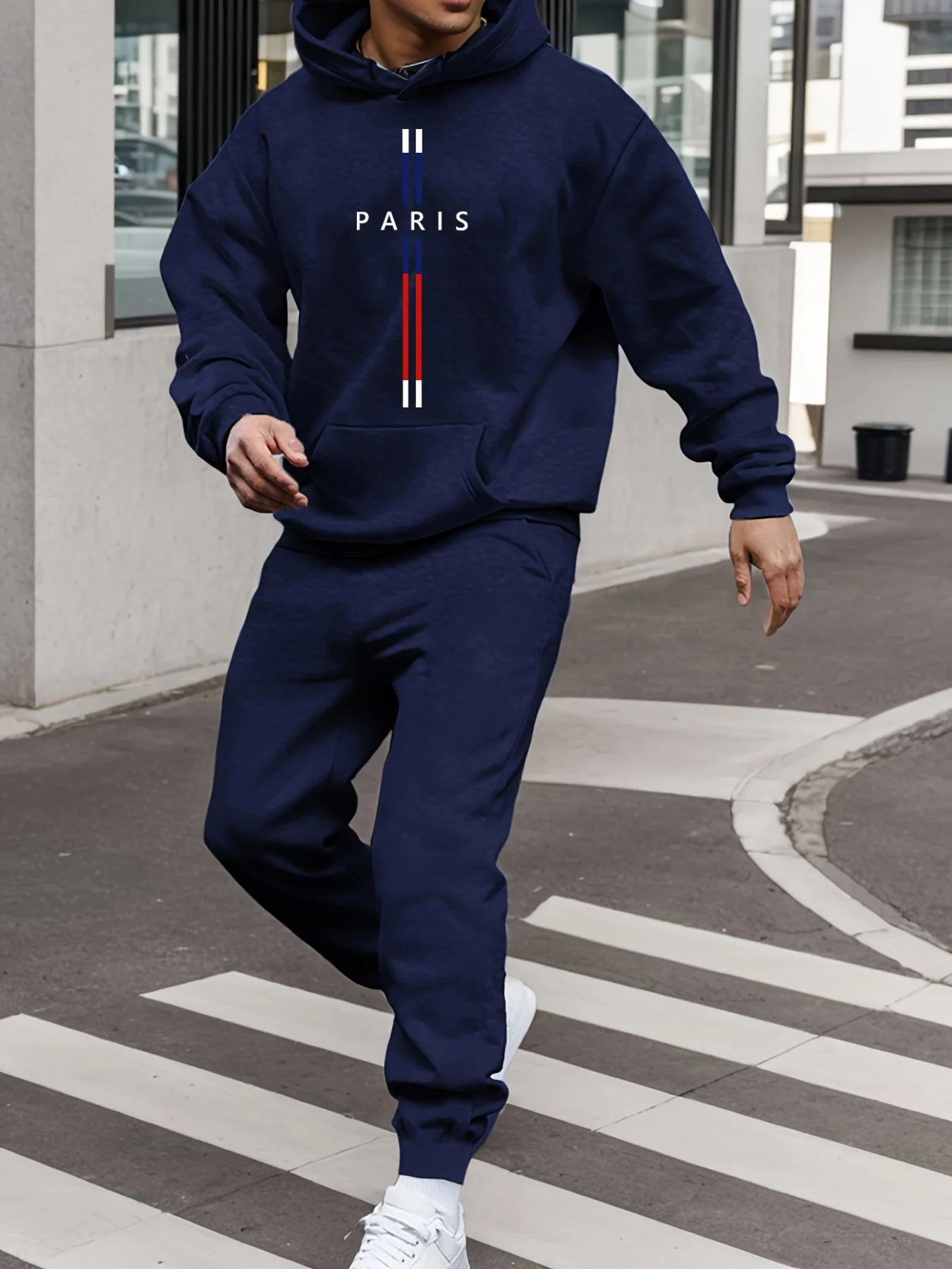 Men's Autumn/Winter Casual Fashion Warm Paris Pattern Printed Loose Thick Velvet Sports Hoodie+Sweatpants Set