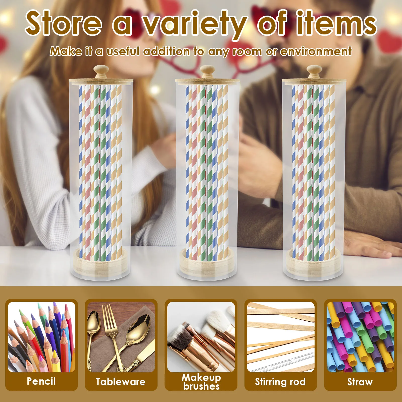 Clear Acrylic Straw Holder Organizer With Wood Lid For Kitchen Storage