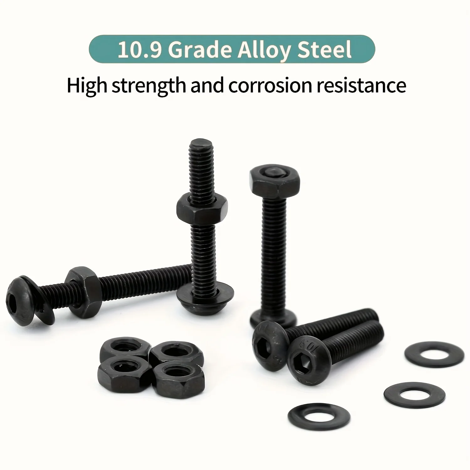Button Head Socket Cap Screws Bolts And Nuts Flat Washers Assortment Kit, 10.9 Grade Alloy Steel