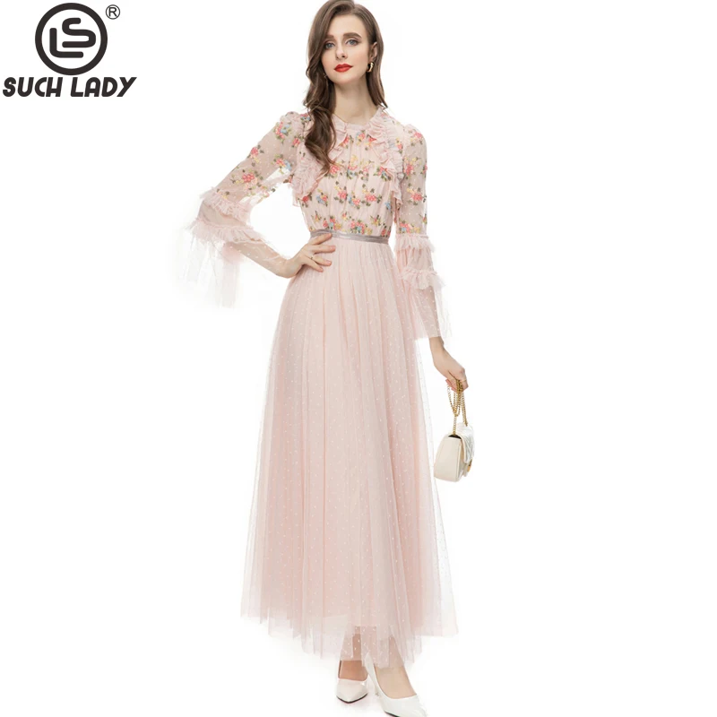 

Women's Runway Dresses O Neck Long Sleeves Patchwork Embroidery Ruffles A Line Mesh Elegant Party Prom Vestidos