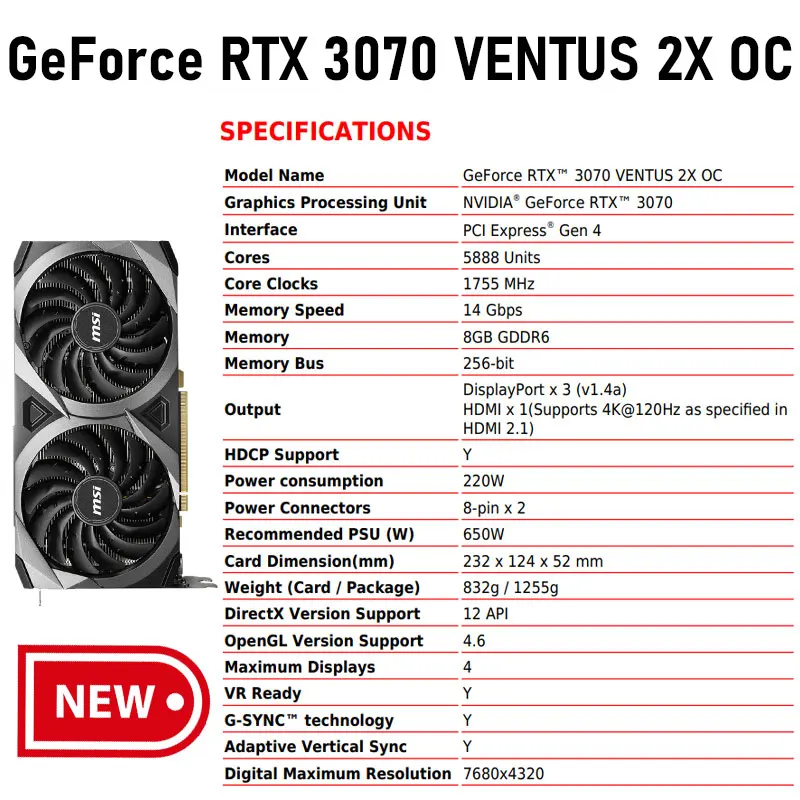 Kartu grafis MSI Raphic kartu GeForce RTX 3070 VENTUS 2X OC LHR
