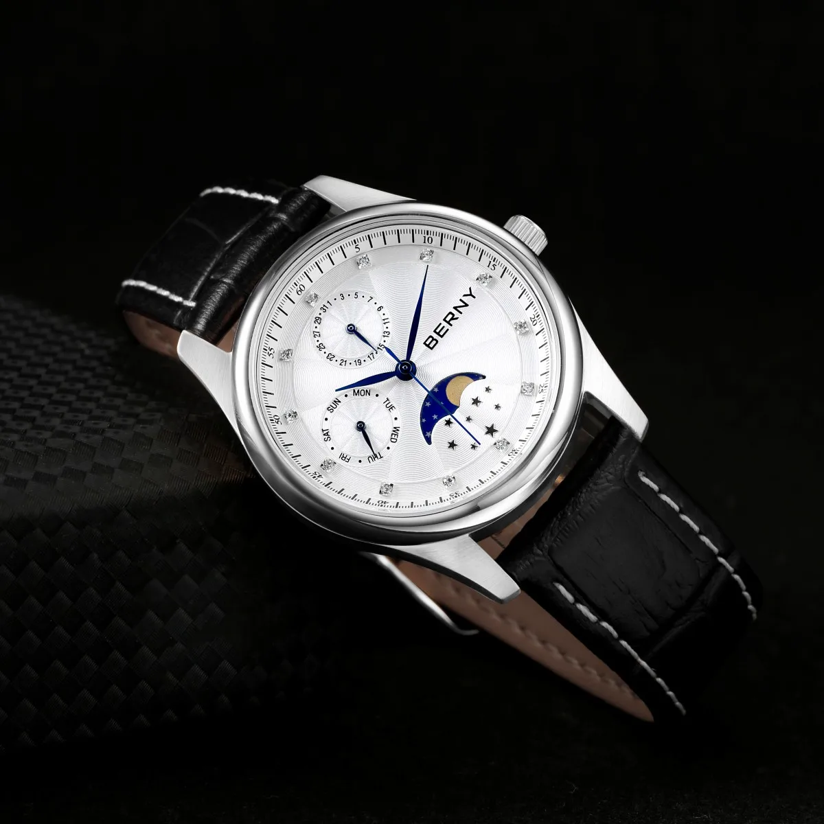 BERNY Orologio Donna Orologio al Quarzo Fasi Lunari Orologi Analogici Cinturino in Vera Pelle Orologi di Moda per Ragazze Donne 3ATM Impermeabile