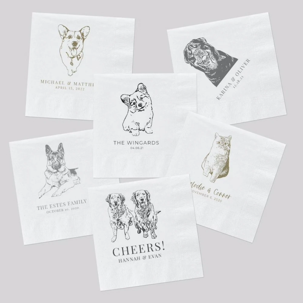 

50Pcs Custom Pet Cocktail Napkins for Weddings and Special Events - Personalized Wedding Napkins with Dog or Cat Illustrations