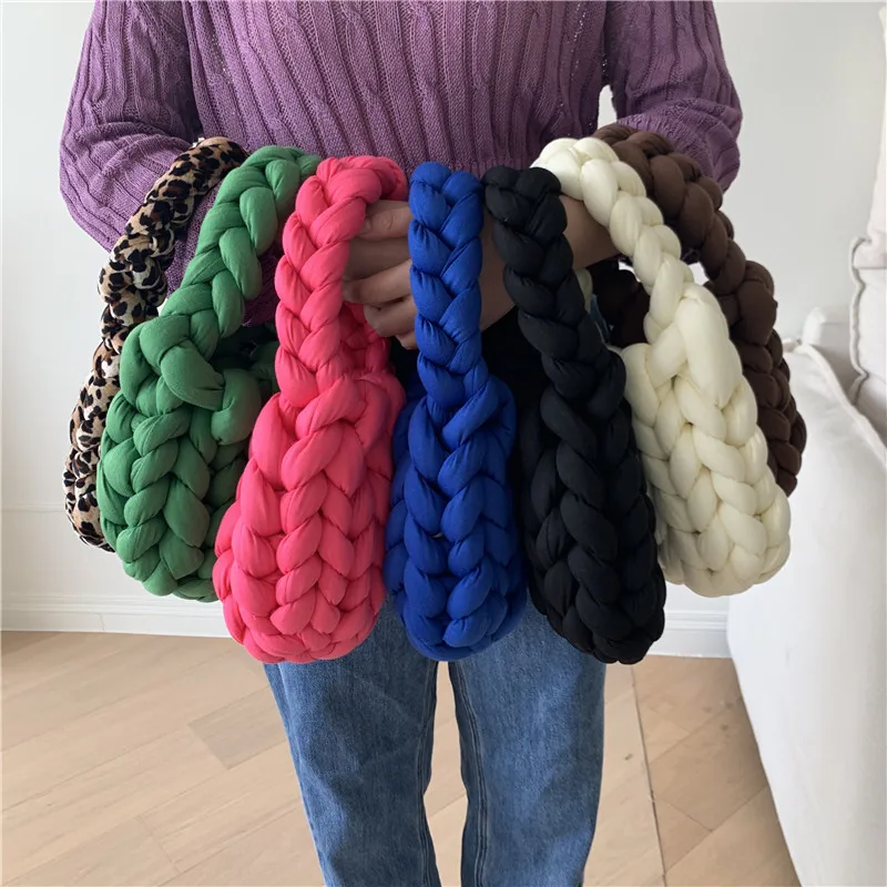 

2022 Popular Handmade Rope Crochet Bag Women Underarm Bag Designer Knitting Small Tote Bags Candy Color Woven Chunky Knit Purse